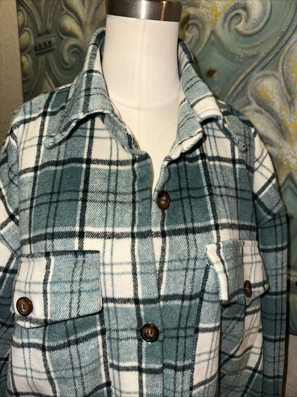 SAINTS & HEARTS women's size S/M Green plaid shacket Wool Blend Shirt Jacket - Picture 2 of 12